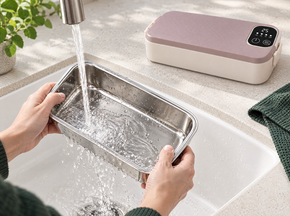 Removable stainless steel tray being hand washed separately from the dry powered lunch box base