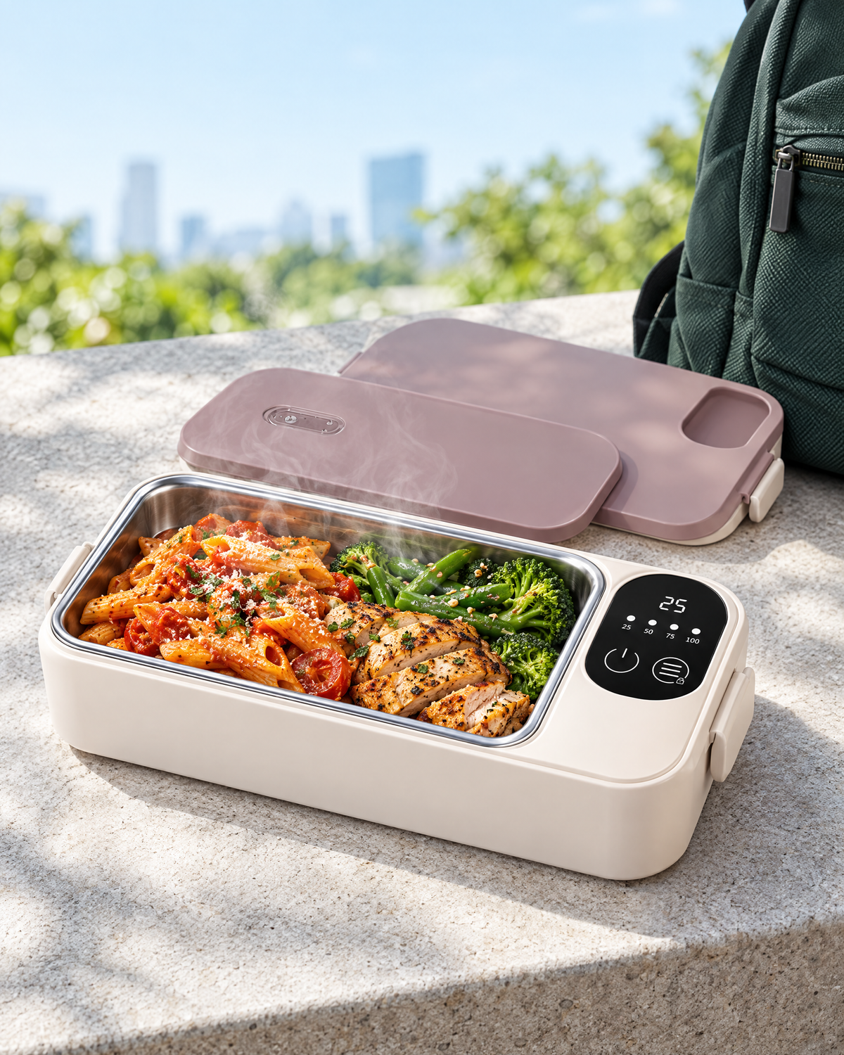 NOONKIND Go rechargeable heated lunch box with meal and digital controls, beside a backpack outdoors