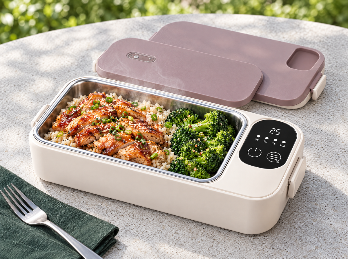 NOONKIND Go opened to show cooked chicken, rice and broccoli in its single stainless steel tray
