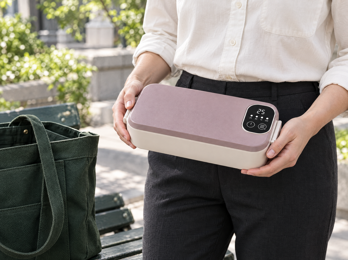 NOONKIND Go rechargeable lunch box held in two hands beside a green commuter tote